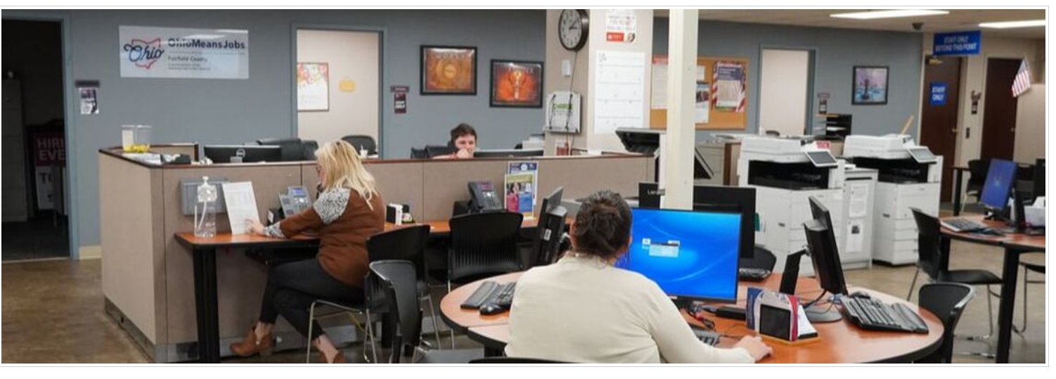 Staff and job seekers working at computers in the OhioMeansJobs Fairfield County Resource Room